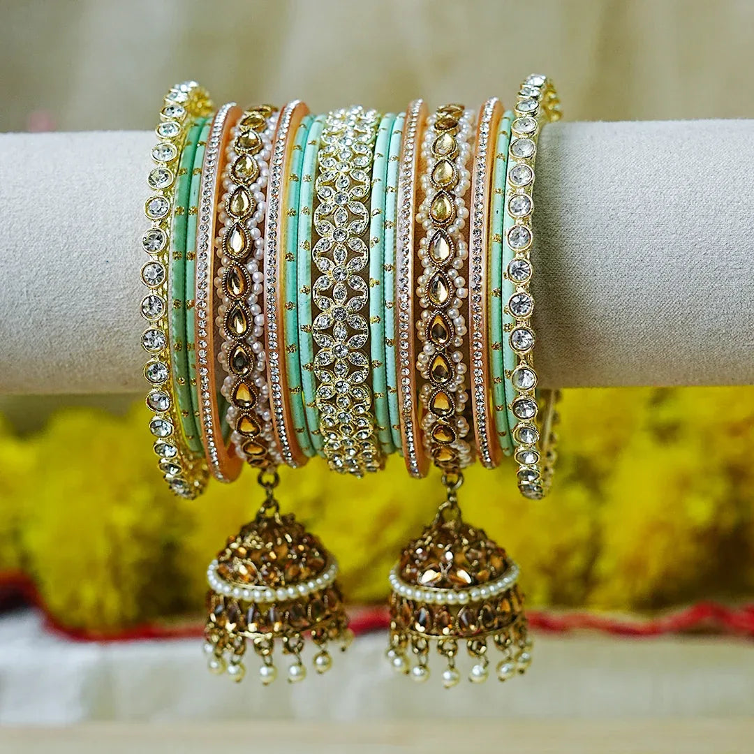 Designer Metal Bangles Set with Jhumki for Women (Both Hands) - The Golden Cascade